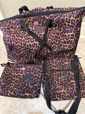 Coach Leopard Print 3 Piece Travel Set Weekender Duffel Crossbody & Cosmetic Bag